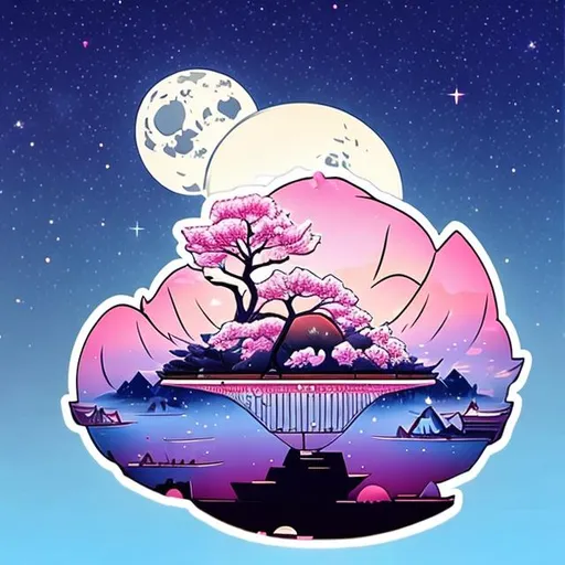Prompt: Full moon behind Cherry blossom tree on floating island in the night sky cartoon sticker