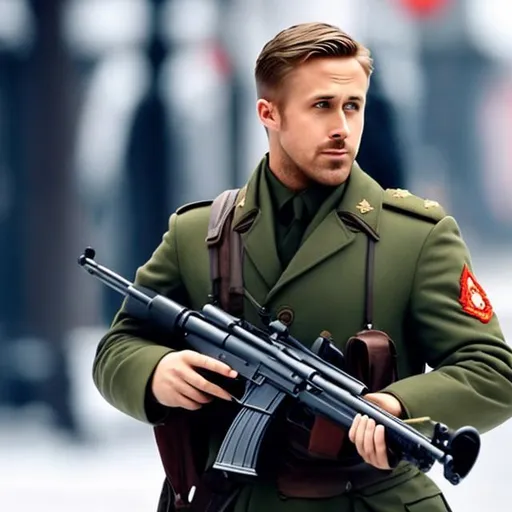 Prompt: Ryan Gosling as a Russian Soldier holding a AK-104