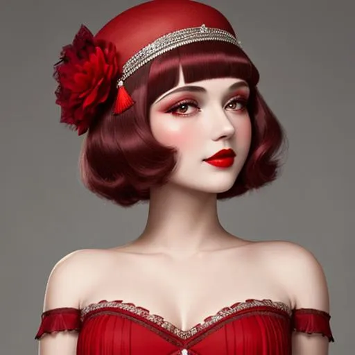 Prompt: a pretty girl  dressed in red,  flapper, wearing a  large red hat 1920's era, bob hair cut, 1920's era makeup, facial closeup