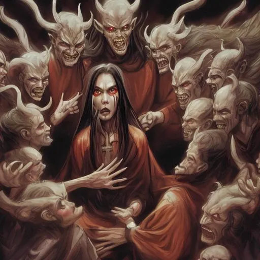 Prompt: a woman possessed by a demon surrounded by priests & family during an exocism