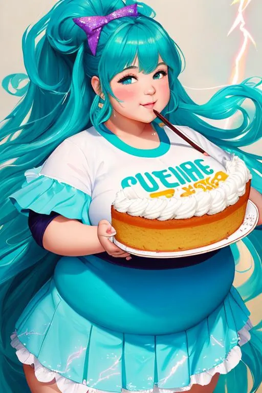 Prompt: oil painting, UHD,  8k, Very detailed face, panned out, cute chubby female lightning elemental, she is messily eating an extremely large cake, causing her clothes to be stained, chubby cheeks, fat thighs, fat belly, she has flowing hair, she wears a very tight turquoise Japanese skirt with frosting stains on it, a turquoise cloth across her chest, she is bursting out of her clothes, she is laying down on the ground,  