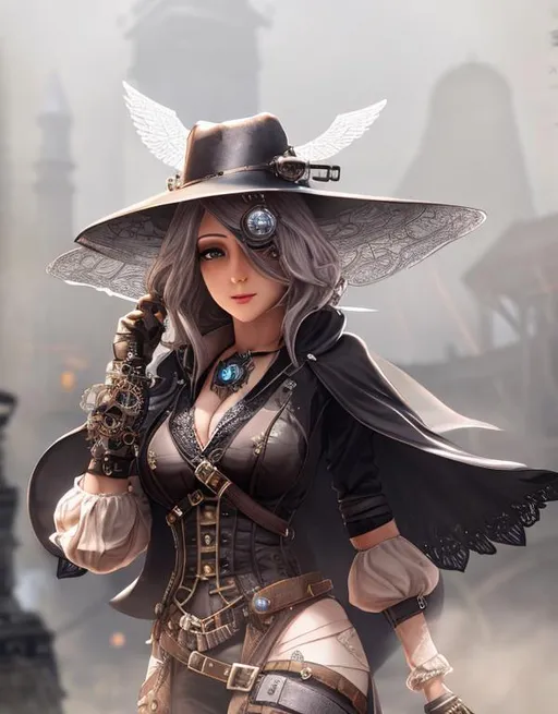 Prompt: steampunk female plague doctor, wearing sunhat,  UHD, HDR, 8K, RPG, UHD render, HDR render, 3D render cinema 4D, cinematic light, high res intricately detailed complex, 