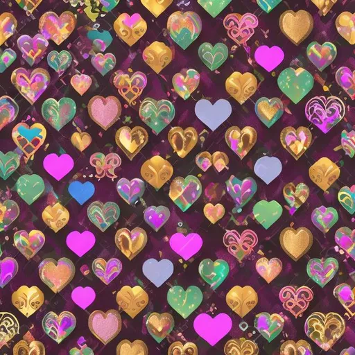 Prompt: Cute glittery and metallic background with brightly colored heart variations in sizes Lisa Frank steampunk style