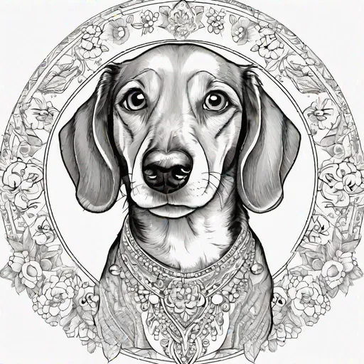 Prompt: coloring book template, dachshund, coloring page for kids, pen drawing, without colors, ultra detailed, 4k, white border