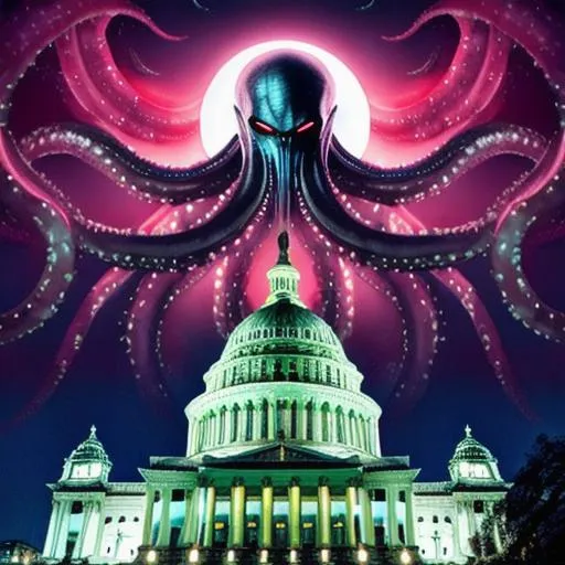 Prompt: Giant alien king squidapus with razor tentacles insurrecting the capital building on January 6th giant evil detailed tentacles 