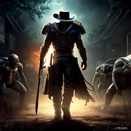 Prompt: a ruthless cowboy fighting with aliens, dark background,  horror, perfect camera shot, ultra-detailed, night, art, realistic, hyper-realistic, highly detailed, realism, 32k, photography, hdr, 1080p, cinematic, Hyperrealistic, fictional environment, mid shot, intricately detailed, colour depth, dramatic, side light, colourful background, beautifully shot, perfect composition, atmospheric, moody, natural white spotlight shining on subject. Realistic shadows