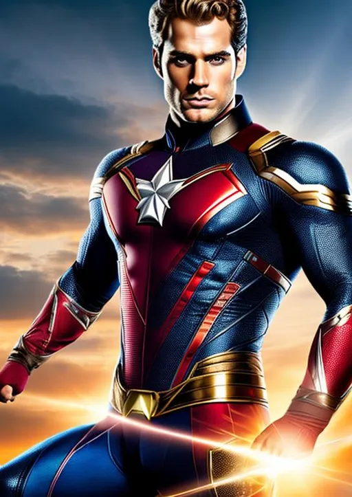 Prompt: High-resolution hyperrealistic photo of captain britain merged with captain mar-vell, played by blond henry cavill, blue and red and silver costume, uhd, hdr, 64k