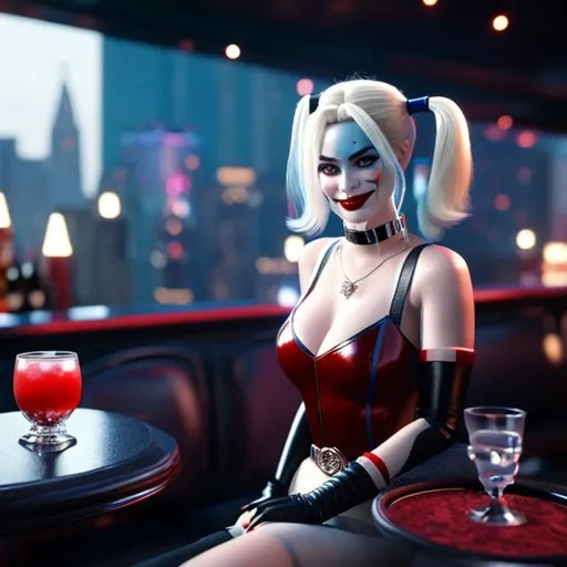 Prompt: Harley Quinn enjoying a martini at a fancy bar, landscape, hyper realistic, unreal engine, dramatic