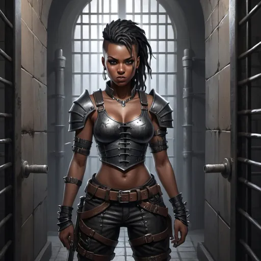 Prompt: Full body, Fantasy illustration of a black female mercenary, 27 years old, beautiful, black skin, mohawk hairstyle, leather armor, grim expression, high quality, rpg-fantasy, detailed, in a prison cell