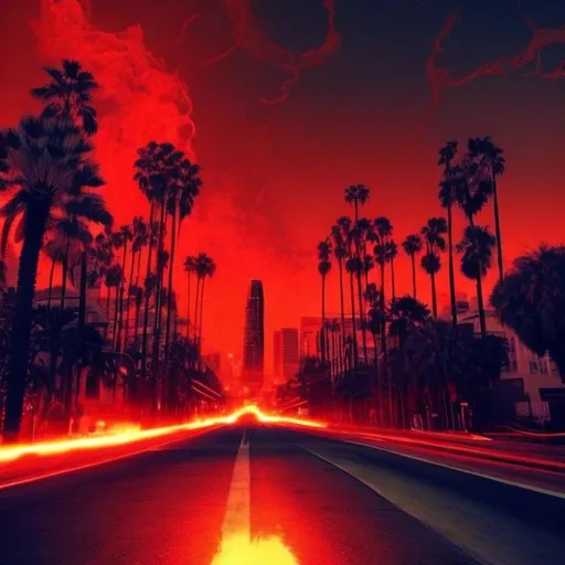 Prompt: Los Angeles if it were Hell. Demonic. Red. Palm trees on fire. Demons crawling on the streets.