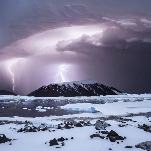 Prompt: antarctica, blizzard, lightning, mountain, hail