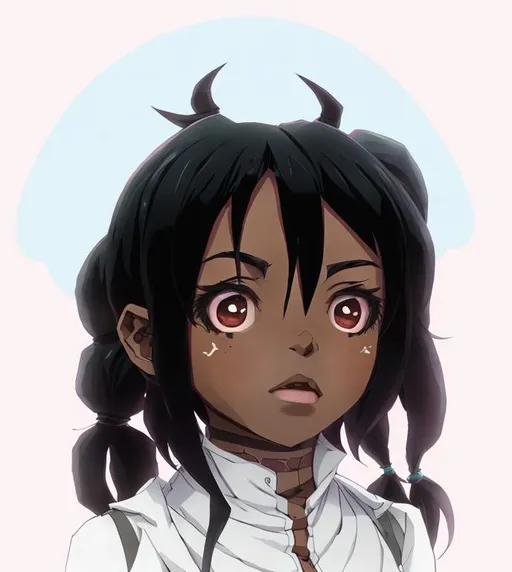 Prompt: In the artstyle of demon slayer, dark skin, human, 18yr, cute girl, black hair, two long pigtails, brown eyes