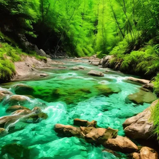 Prompt: Natural green nature with crystal clear river water, flowing near it.