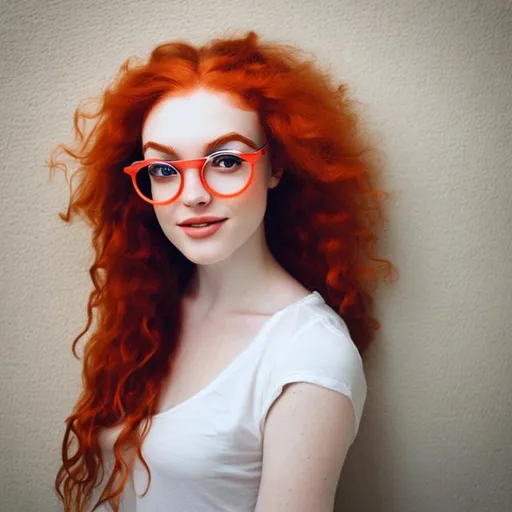 Prompt: Beautiful white girl with beautiful face and red hair with a big circle glasses 