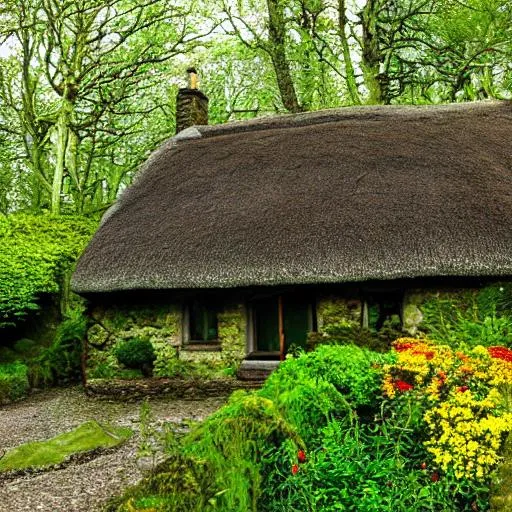 Prompt: A stone, moss covered cottage with a thatched roof on a dark forest path the windows are lit showing the great many flowers all around in the style of Vincent Van Gogh





 












