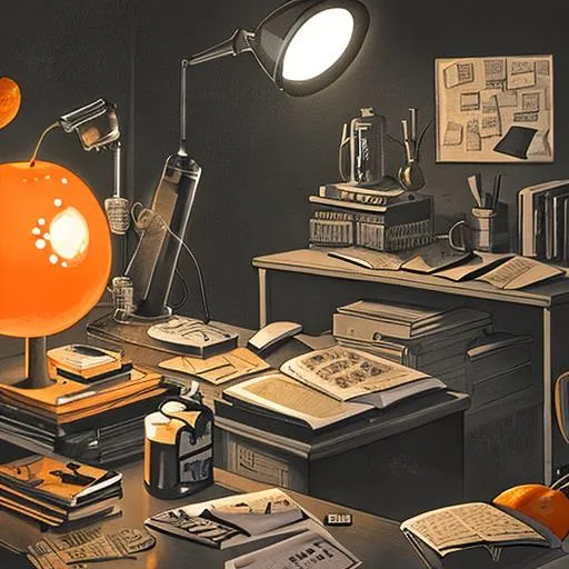 Prompt: An noir-themed illustration of a scientist's cluttered desk featuring a cantaloupe-sized glowing orange rock.