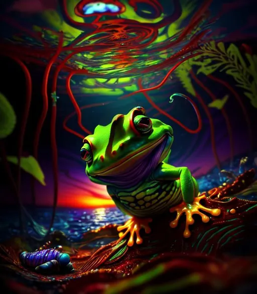 Prompt: psychedelic, twisted, cinematic, 3D, HD, {Frog}Magician, fish, snails, kelp, expansive psychedelic background, sunset, hyper realistic, 8K --s98500