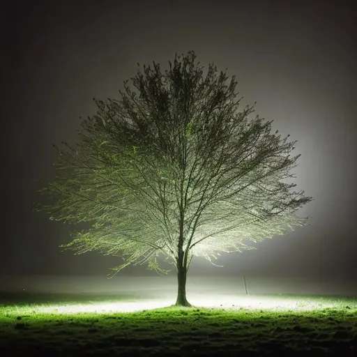 Prompt: Outside with a single tree at night with fog