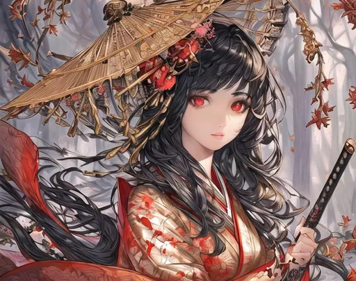 Prompt: masterpiece, illustration, best quality:1.2), 1girl, solo, black hair, beautiful, finely detailed, detailed face, toned face, beautiful detailed eyes, beautiful detailed shading, beautifully detailed background, red eyes, fallen leaf, autumn, white kimono, flower hair ornament, holding a katana