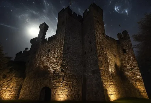 Prompt: medieval castle wall at night with entrance. undead surround the town
