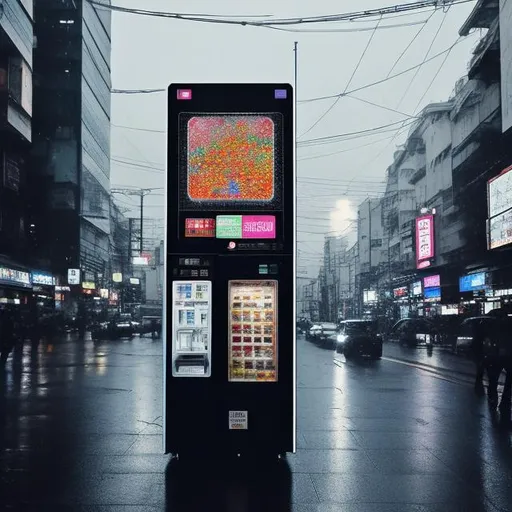 Prompt: In the shimmering simulacrum of Osaka's urban sprawl, amidst the deluge of digital data rain, a sentient vending machine emerges as a symbol of a hyperreal society. Time itself becomes a fluid construct as daytime blurs into a mosaic of algorithmic aesthetics. A solitary man stands at the crossroads of choice and contemplation, caught in the tangled web of algorithmic aesthetics, questioning the very essence of being. AI-infused brushstrokes paint an abstract portrait of technosocial dynamics, blurring the boundaries between human and machine. This postmodern AI art transcends mere representation, becoming an enigmatic prism reflecting the interplay between our primal desires and the digital labyrinth. Through rain-soaked codes and neon-lit abstractions, the artwork beckons us to explore the labyrinthine corridors of self, where choices become a kaleidoscopic spectacle of ever-shifting perspectives.