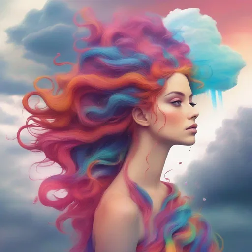 Prompt: Colorful and beautiful Persephone with hair that is made out of rain clouds