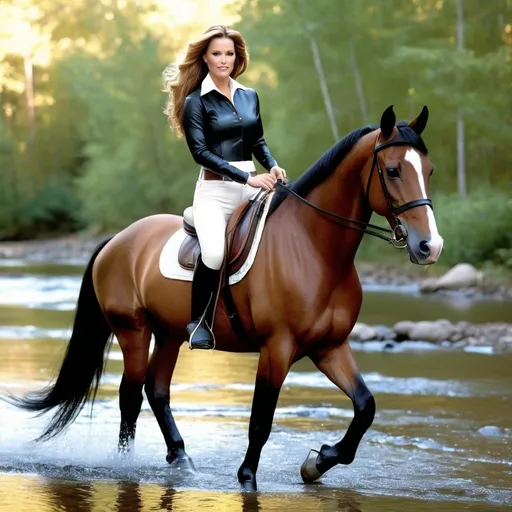 Prompt: Hyper realistic, photorealistic, extremely detailed. Full body shot but close enough so details can be clearly seen. Golden Time 

 A woman riding a horse by a stream in a wooded clearing. Woman is athletically built, with auburn hair with volume. Face has Cote de Pablos' eyes (Green) Jeri Ryan's mouth (smiling) and the rest is similar to Emma Watson's face. Body is similar to Linda Carter's. She is wearing a tight leather crop top, skintight cream-colored riding pants, and knee-high black riding boots. Horse is a large reddish-brown Chestnut thoroughbred with white socks and a white stripe on the nose.



