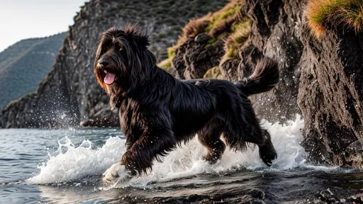Prompt: hyper realistic, ultra detailed photograph of black briard dog with very long fur roaring furious, jumping from a high rock in the water and a shiny beach, sunlight fractal details, depth of field, HOF, hall of fame, detailed gorgeous face, professional photographer, captured with professional DSLR camera, trending on Artstation, 64k, ultra detailed, ultra accurate detailed, bokeh lighting, surrealism, urban, ultra real life engine, detailed mascara