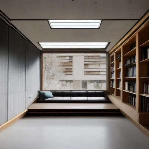 Prompt: a  brutalist architecture Library with lots of natural light and a couch beside the window