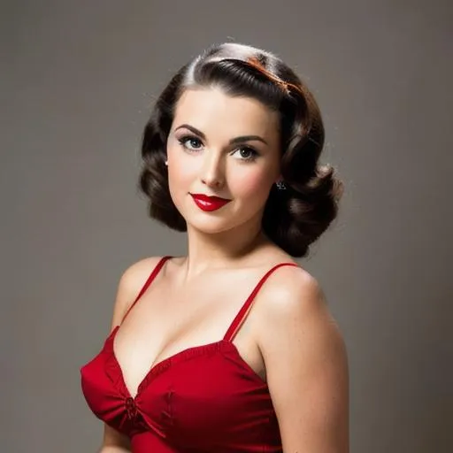 Prompt: Portrait of a 1940's pin-up model with brown hair and dark eyes
