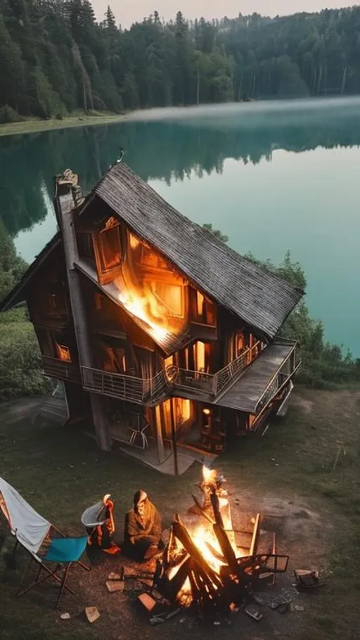 Prompt: A wood house beside the lake, a Campfire, Cooking Utensils, a Portable Stove with light smoke, and a man and woman in a romantic mode. Picture them from behind.