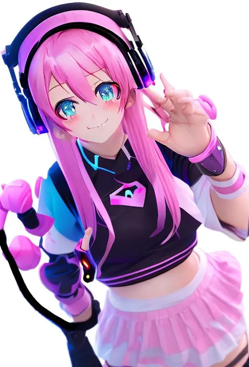 Prompt: Vtuber, virtual streamer, anime girl, waifu, future, gamer, headphones, cheerful, blue eyes, pink hair