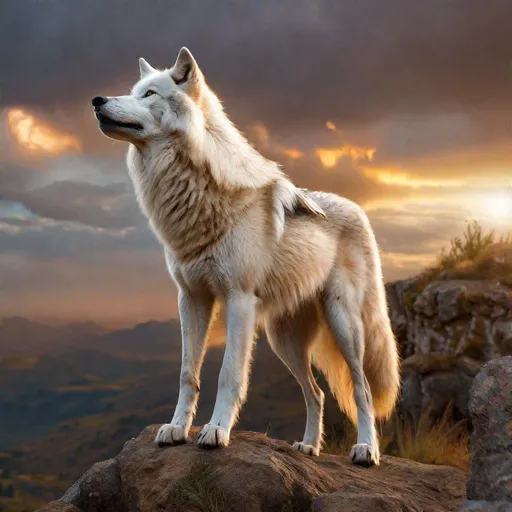 Prompt: beautiful white wolf howling, standing on cliffside, sunrise, UHD, full body focus, professional, vibrant, wild billowing fur, big 8k {umber eyes}, thick fluffy {ose-gold mane, vivid colors, rich colors, majestic colors, majestic golden sky, realistic fur, highly detailed, intricate detail, Anne Stokes, Yuino Chiri, unreal engine, artstation, 8k HD