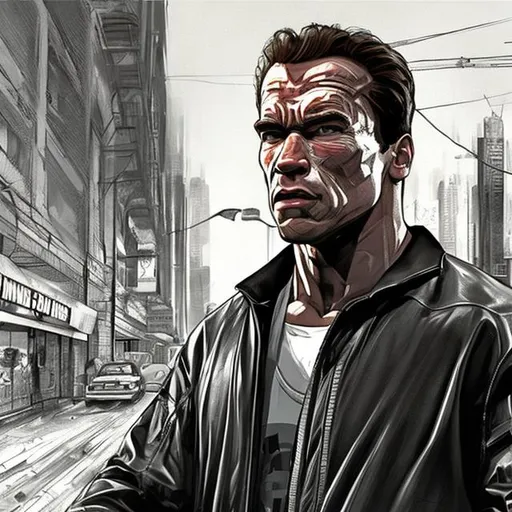 Prompt: young Arnold Schwarzenegger in gta iv concept art