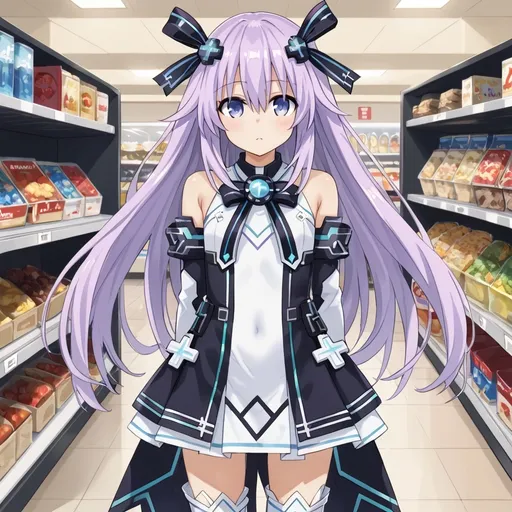 Prompt: Neptune from neptunia standing in front of a comic store.