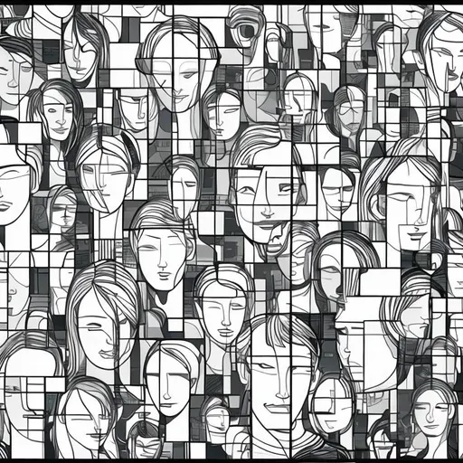 Prompt: Abstract humans multiple face as logo in line art