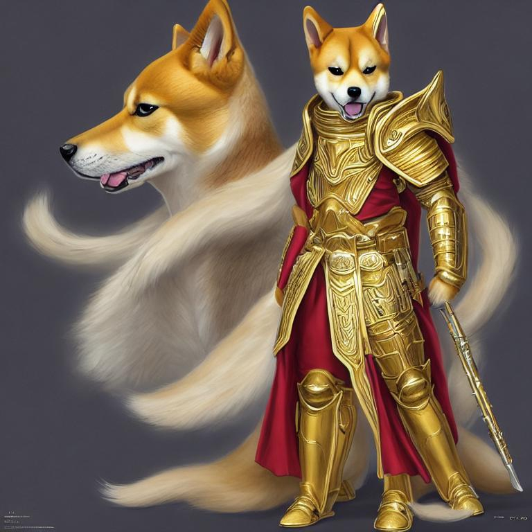 Solo Shiba Inu In Angelic Gold And White Armor, Full 