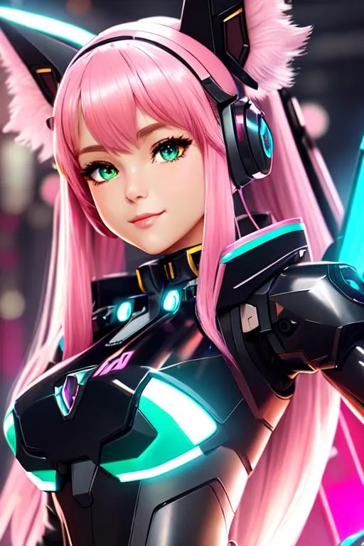Prompt: close up shot, cinematic shot,

splash art of a beautiful mecha girl with fox ear, twin tail, happy, cool, elegant style, pink hair, blue mecha halo, green eyes, red mecha wings, detailed black mecha bodysuit, detailed mecha body, detailed accessories, hyper detailed mechanical industrial room background, suggestive pose

hyper realistic, photo realistic, ultra HD, 64k, dynamic lighting, soft lighting, blur, studio lighting, contrast color, masterpiece, professional artwork, professional character design