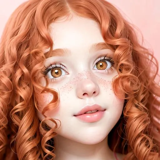 Prompt: young  girl with  long ginger  curly hair, hazel eyes, pink lips, facial closeup

