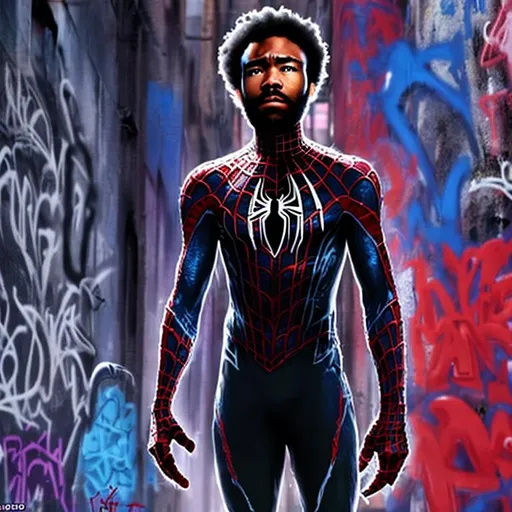 Prompt: Movie still, Donald Glover wearing a black and white symbiote Spider-Man costume in a graffiti city 