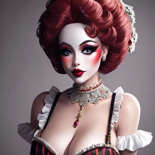 Prompt: (masterpiece), (stunning), a beautiful alluring woman wearing full clown make-up and clown wig, dressed as a clown, ultra realistic, suggestive, hyper detailed, cinematic, intricate,
