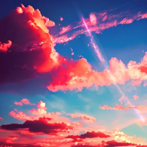 Prompt: red nimbus clouds in a deep blue sky background, gloom effect, (lens flare effects: 0.5)