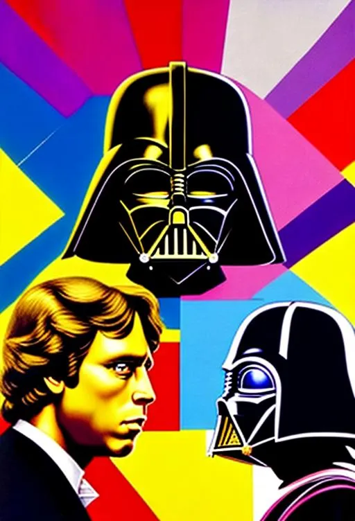 Prompt: Darth Vader and Luke Skywalker in the fashion of Michael Angelo's Sistine chapel ceiling, triadic colors, photorealistic, the golden ratio, Andy Warhol, Jean Jaques Basquiat, backlit, Fibonacci sequence