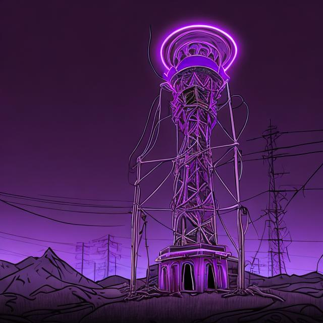 lovecraftian style purple neon radio tower