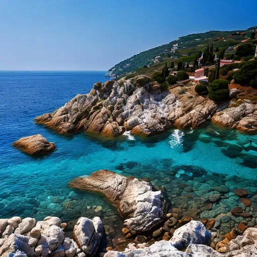 Prompt: Sea, rock, Greece, Athos Island