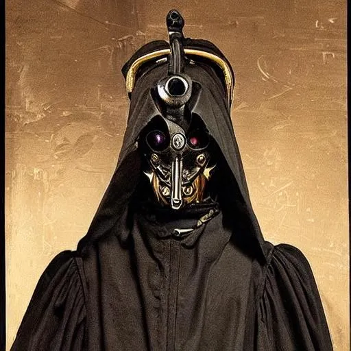 Prompt: /a sinister cybernetic clergy man in a plague doctor mask. dressed in 17th century clothing. devil worshiper, face covered with devil horns on helmet,  Robes down to the floor, elaborate, insanely detailed and intricate, golden ratio, luxury, haunting, matte painting, decay, fire surrounding