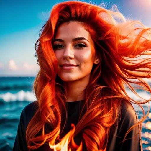 Prompt: {a feminen woman} with {fire} hair and with cute face, {firecraker sea background},  soft smooth lighting, warm colors,  3d  physically based rendering