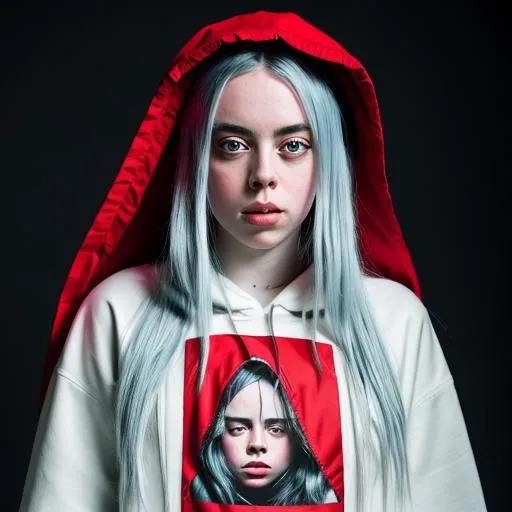 Prompt: Billie Eilish ai art, Little Red Riding Hood, with a modern and edgy twist.