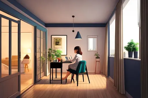 Prompt: Create a lofi girl image with interior of a home, study table,earnphone with colors of night, 