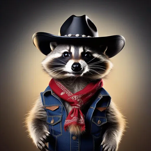 Prompt: photo realistic portrait of a overjoyed raccoon with black cowboy hat and bandana around neck, giving finger gun, centered in frame, facing camera, symmetrical face, ideal human, 85mm lens,f8, photography, ultra details, natural light, light background, photo, Studio lighting